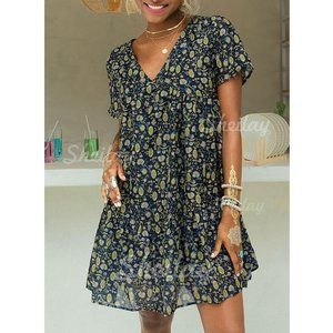 Sheilay floral print Short Sleeves Shift Above Knee Casual Tunic Dress